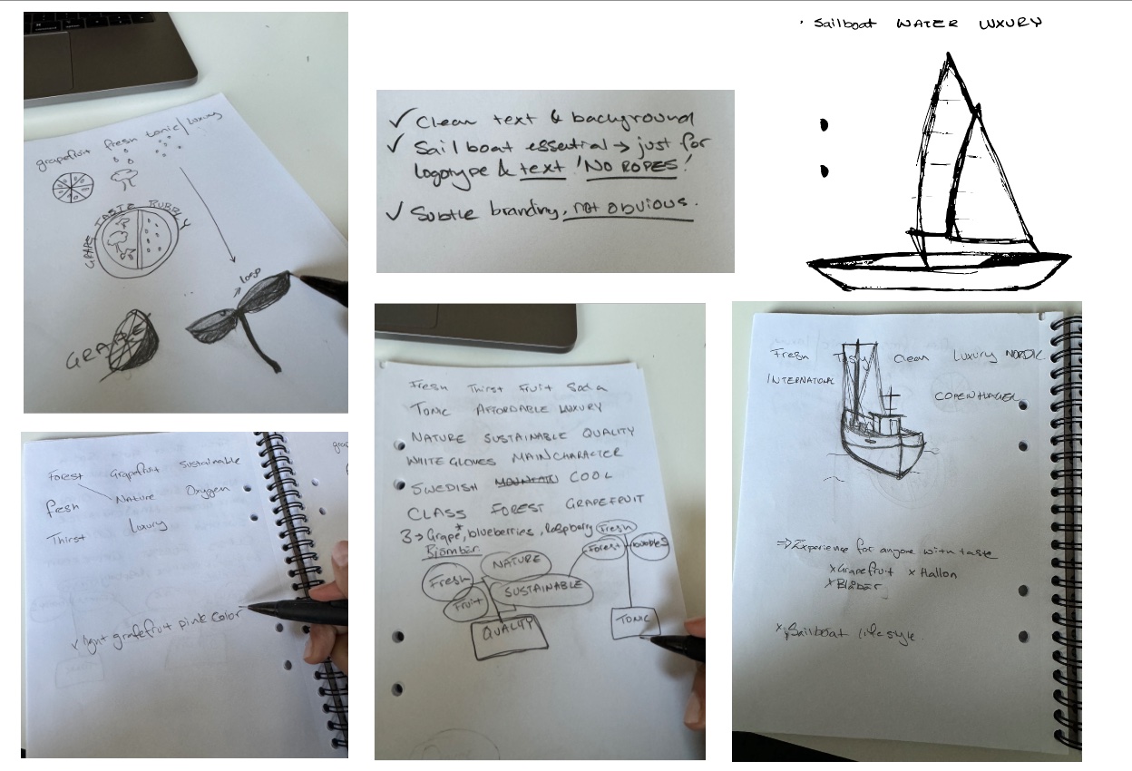 Handwritten branding map and concept notes