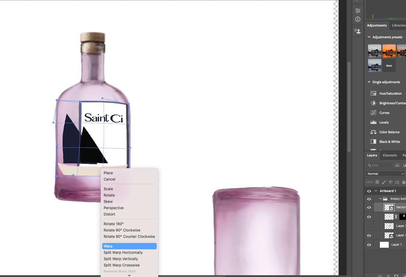 Applying logotype to bottle using Photoshop warp